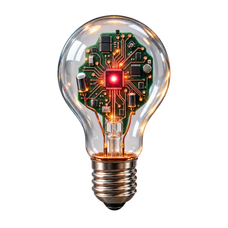 Bombilla transparente con un circuito electrónico iluminado