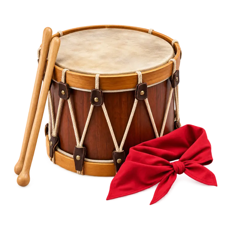 Tambor tradicional con baquetas y pañuelo rojo