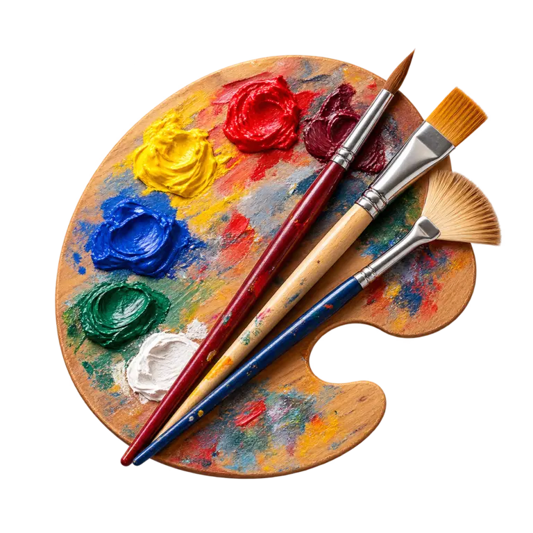 Paleta de pintor con pinceles y pintura de colores