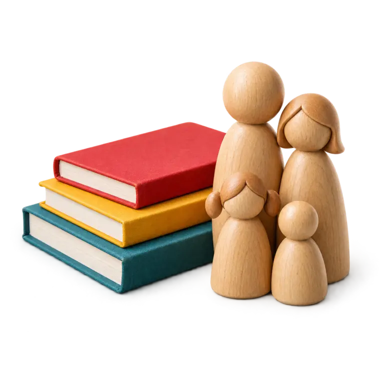 Libros de colores con figuras de madera de una familia