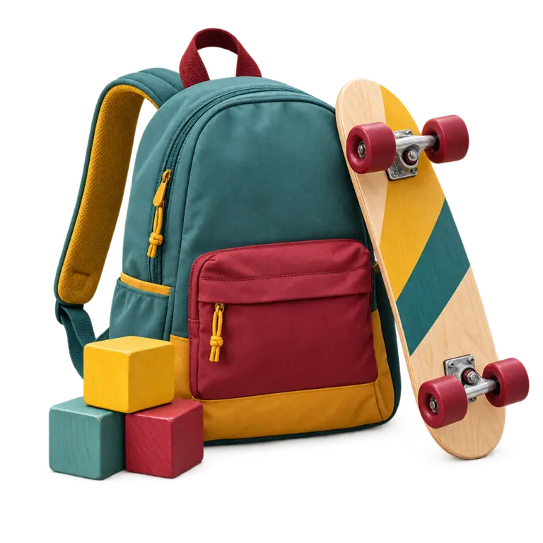 Mochila juvenil con monopatín y bloques de colores