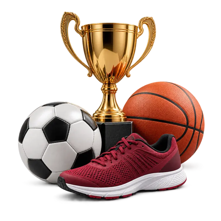Trofeo con balón de fútbol, balón de baloncesto y zapatilla deportiva