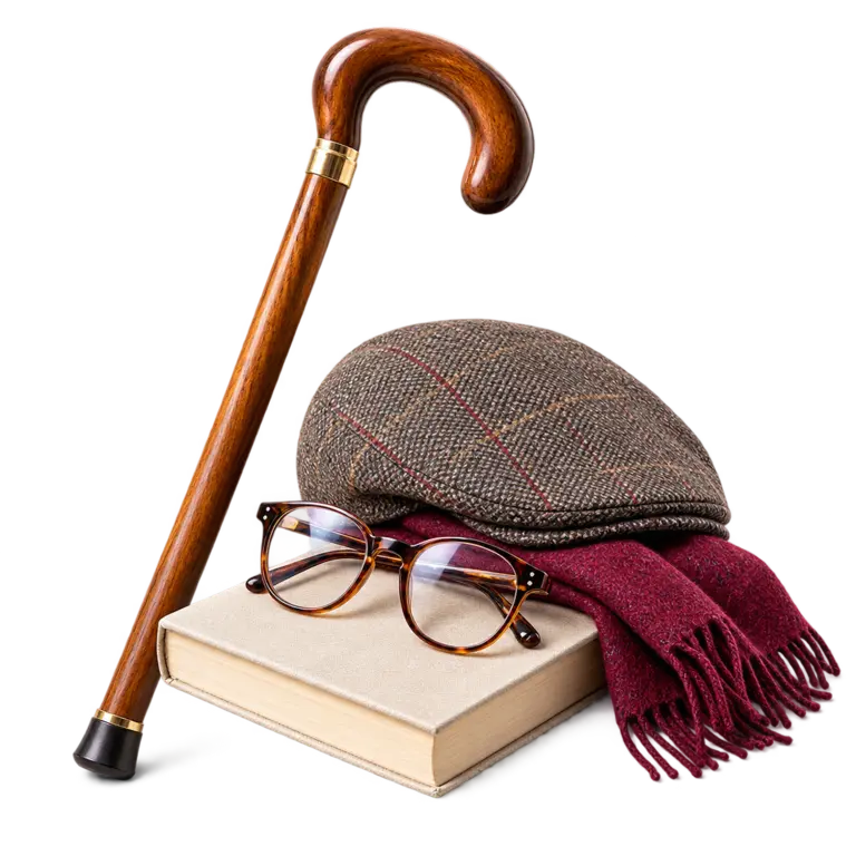 Bastón de madera, gafas, libro y complementos de lectura