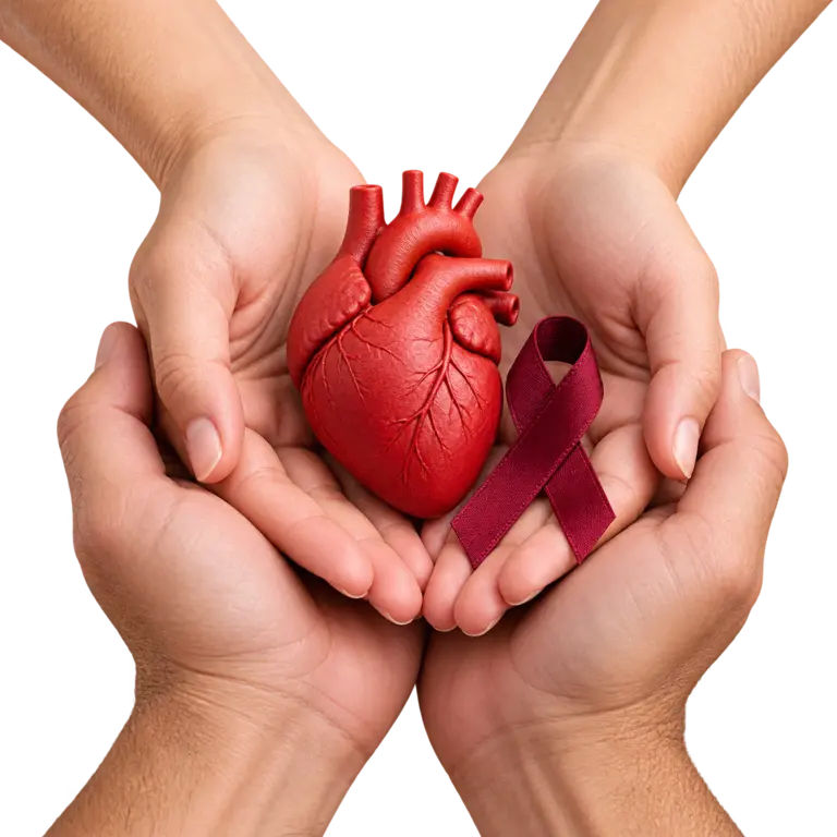 Manos sosteniendo un corazón y un lazo de concienciación