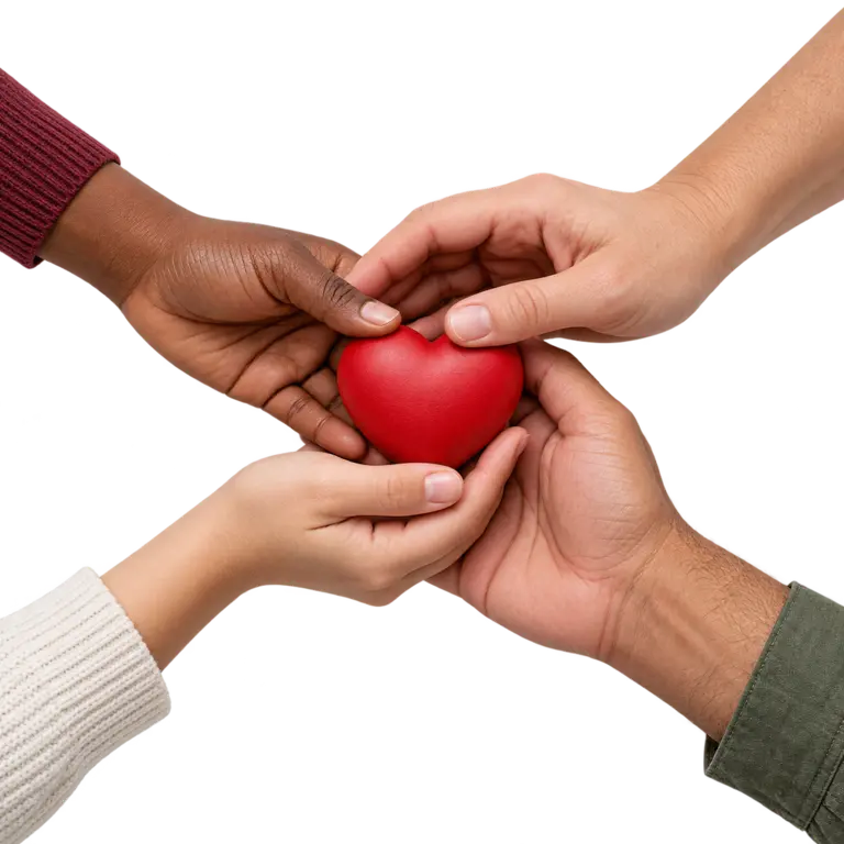 Manos diversas sosteniendo juntas un corazón rojo